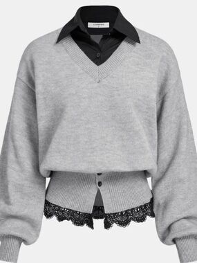 Commense Contrast Collar Lace Hem Sweater